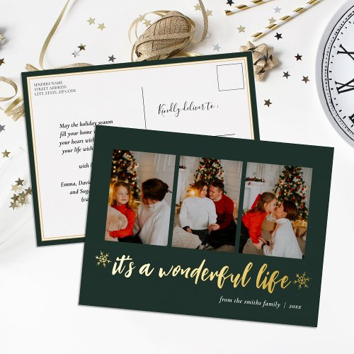 Its A Wonderful Life Green Gold Christmas Photo Foil Holiday Postcard