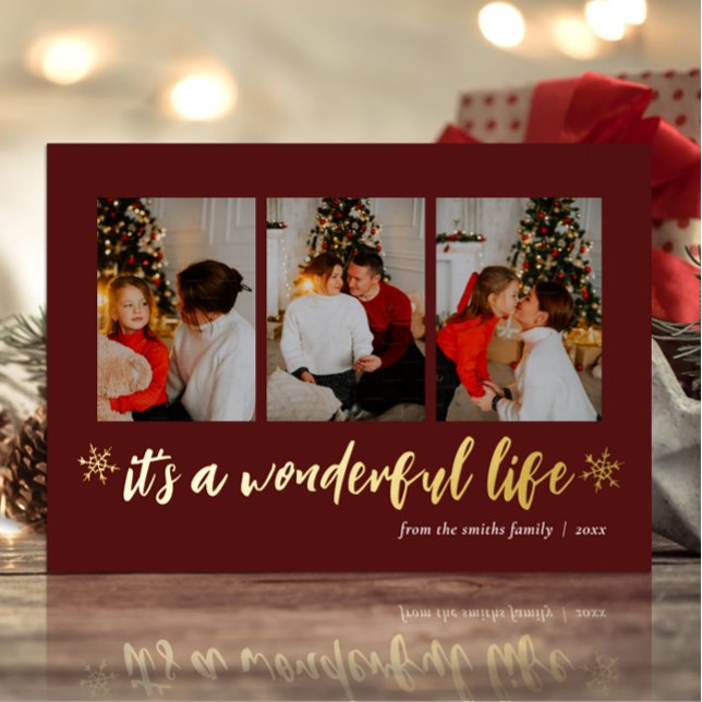 It's A Wonderful Life Red Gold Christmas Photo Foil Holiday Card (Creator Uploaded)