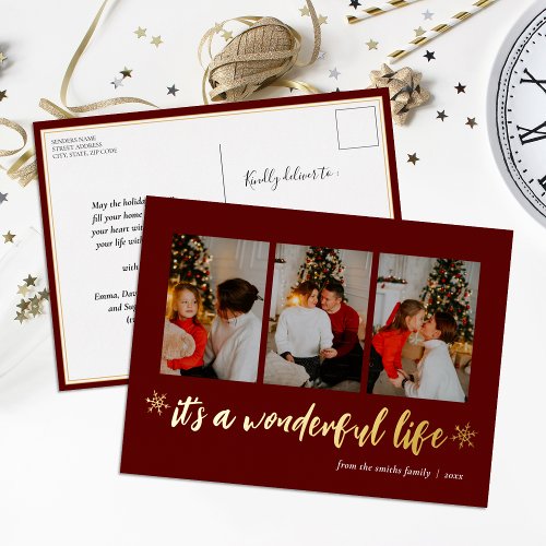 Its A Wonderful Life Red Gold Christmas Photo Foil Holiday Postcard