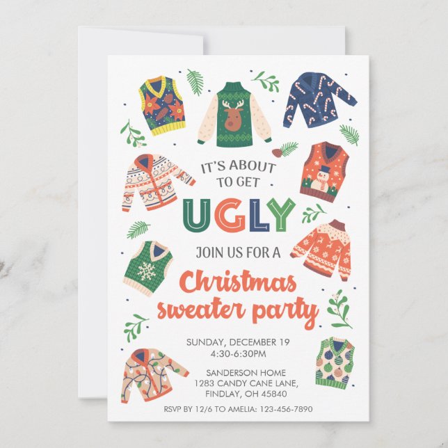 It's About to Get Ugly Christmas Sweater Party Invitation (Front)