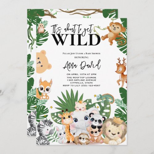 its about to get wild safari jungle baby shower invitation