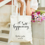 It's All Happening Script Wedding Tote Bags<br><div class="desc">It's all happening! When your big day is finally here,  use these pretty totes as wedding favors,  bridal party gift bags,  rehearsal dinner favors,  welcome bags,  etc. Customize with your name and date!</div>