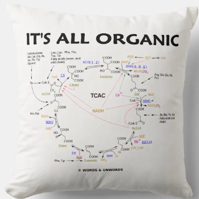It's All Organic Krebs Cycle Citric Acid Cycle Throw Pillow (O-Chem attitude throw pillow with the Krebs cycle (ctiric acid cycle, tricarboxlylic acid cycle))