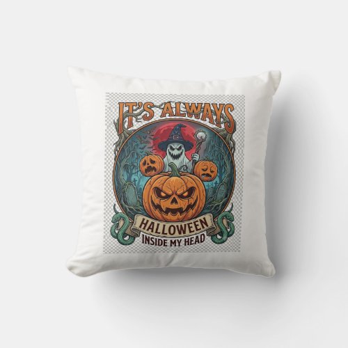 Its Always Halloween Inside Head Pumpkin Ghost Sna Throw Pillow