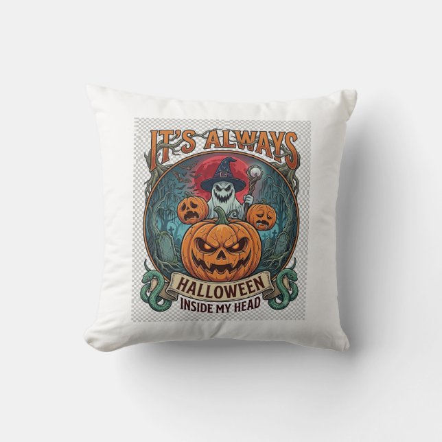 Its Always Halloween Inside Head Pumpkin Ghost Sna Throw Pillow (Front)