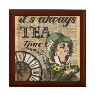 "It's always tea time" Mad Hatter Dictionary Art Jewelry Box