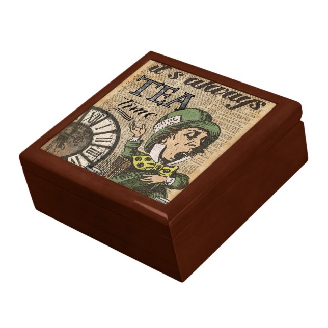 "It's always tea time" Mad Hatter Dictionary Art Keepsake Box (Side)