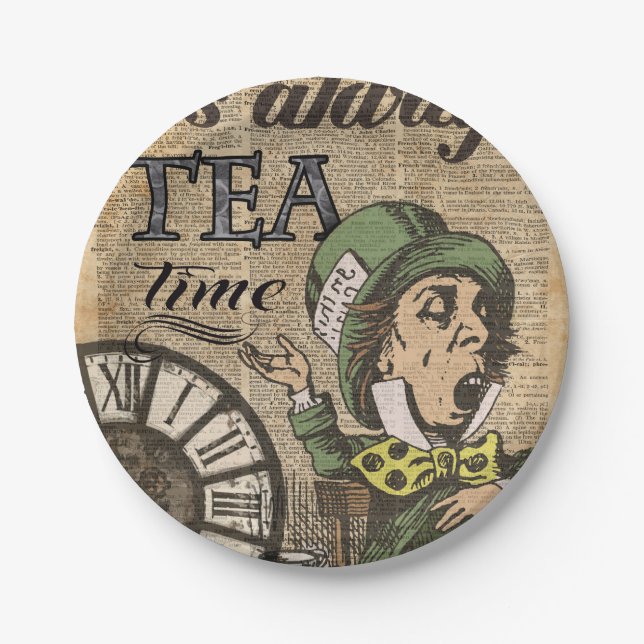 "It's always tea time" Mad Hatter Dictionary Art Paper Plates (Front)