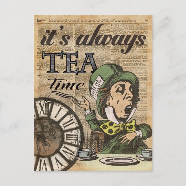 "It's always tea time" Mad Hatter Dictionary Art Postcard (Front)