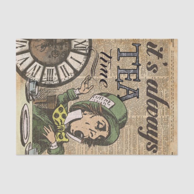 "It's always tea time" Mad Hatter Dictionary Art Tissue Paper (Front)