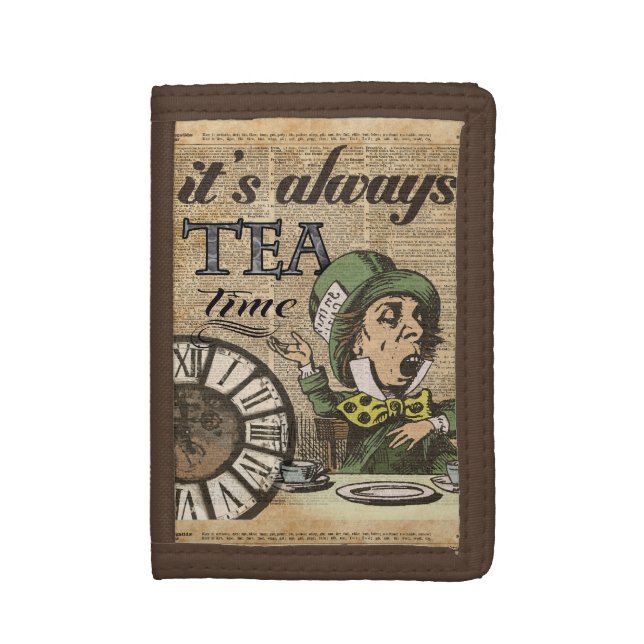 "It's always tea time" Mad Hatter Dictionary Art Trifold Wallet (Front Vertical)