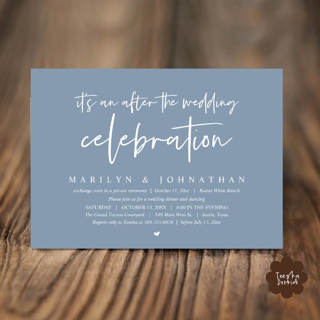 It's an after the wedding celebration, dinner invitation (It's an after the wedding party, Modern Romantic Dinner Celebration Invitation Card PDF Dusty Blue)