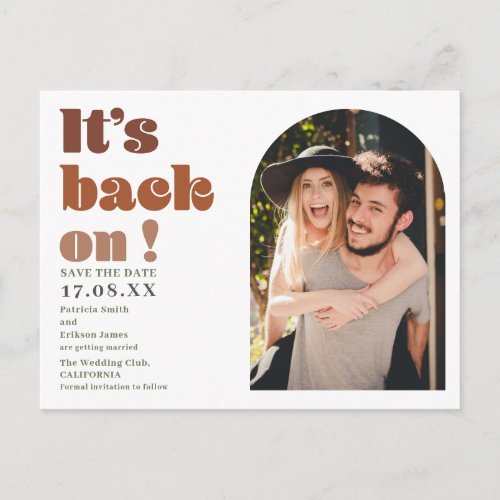 Its back on terracotta script photo save the date postcard
