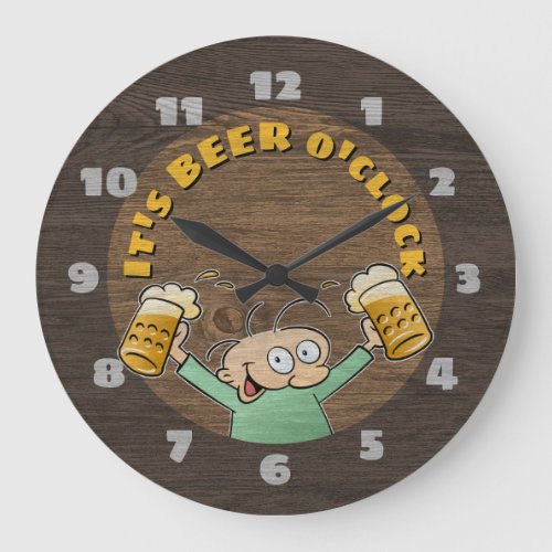 Its Beer OClock Dark Wood Texture Cartoon Pints Large Clock