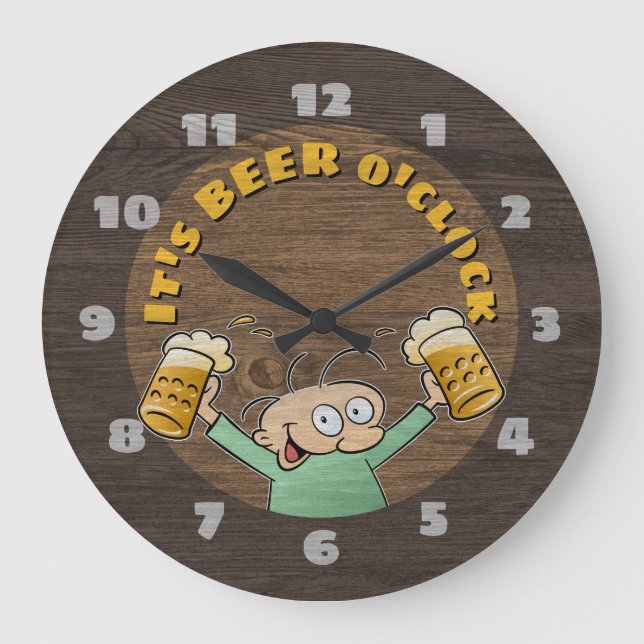 It's Beer O'Clock Dark Wood Texture Cartoon Pints Large Clock (Front)