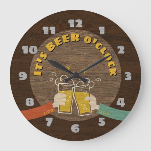 Its Beer OClock Dark Wood Texture Retro Cartoon Large Clock