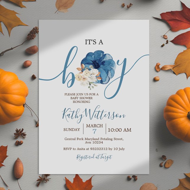 It's Boy Navy Pumpkin Rustic Floral Baby Shower Invitation (Creator Uploaded)