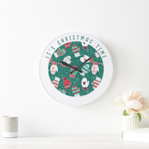 It's Christmas Time Cozy Mittens Pattern in Green Large Clock