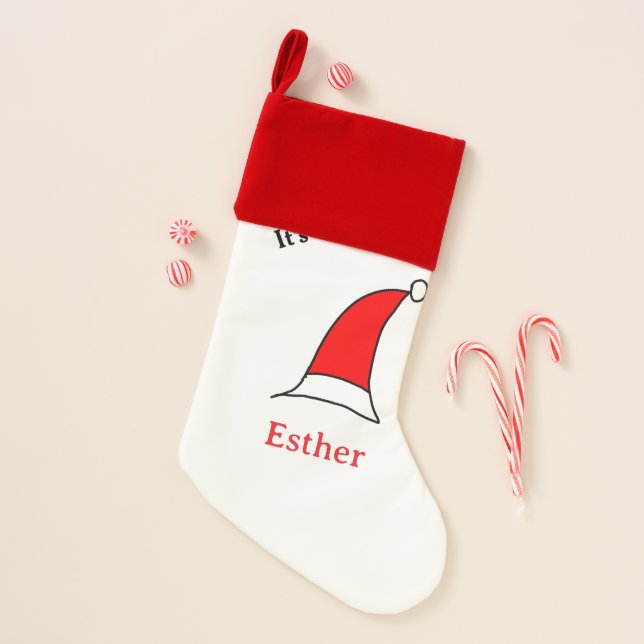 It's Christmas time Santa red hat name simple fun Christmas Stocking (Front)