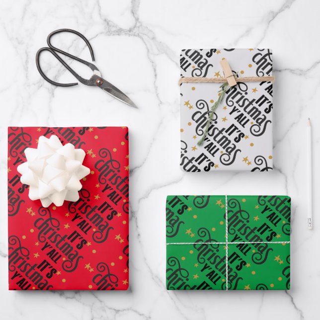 It's Christmas Y'All Word Art Wrapping Paper Sheets (Front)