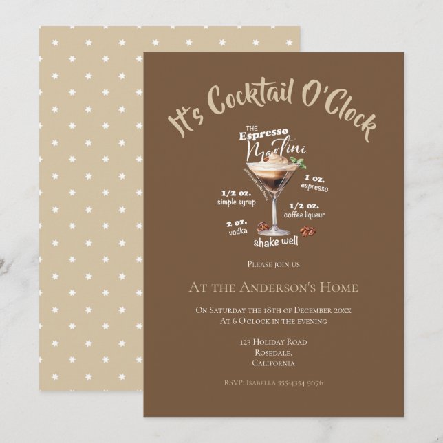 It's Cocktail O'Clock Brown Drink Christmas Party Invitation (Front/Back)
