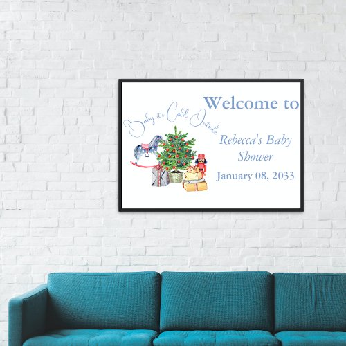 Its Cold Outside Christmas Tree Blue Baby Shower Banner
