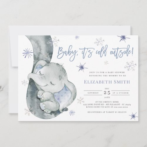 It's Cold Outside Elephant Winter Boy Baby Shower Invitation - It's Cold Outside Elephant Winter Boy Baby Shower  Invitation
This watercolor baby shower invite features snowflakes with blue baby elephant and wording 'Baby, It's Cold Outside' . It is perfect for winter, rustic, holiday boy baby shower.
You can edit/personalize whole Template.
If you need any help or matching products, please contact me. I am happy to create the most beautiful personalized products for you!