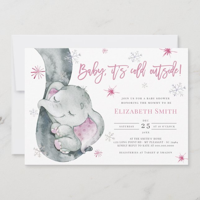 It's Cold Outside Elephant Winter Girl Baby Shower Invitation (Front)