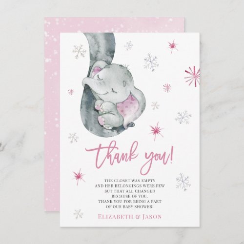 It's Cold Outside Elephant Winter Girl Baby Shower Thank You Card - It's Cold Outside Elephant Winter Girl Baby Shower Thank You Card.
This watercolor baby shower thank you card features snowflakes with pink baby elephant and wording 'thank you' . It is perfect for winter, rustic, holiday pink girl baby shower.
You can edit/personalize whole Template.
If you need any help or matching products, please contact me. I am happy to create the most beautiful personalized products for you!