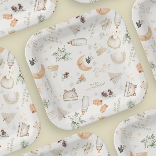 Its Cold Outside Green Neutral Winter Baby Shower Paper Plates