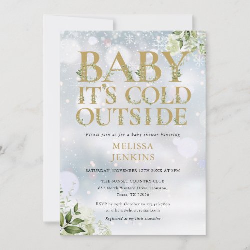 Its Cold Outside Greenery Winter Gold Baby Shower Invitation