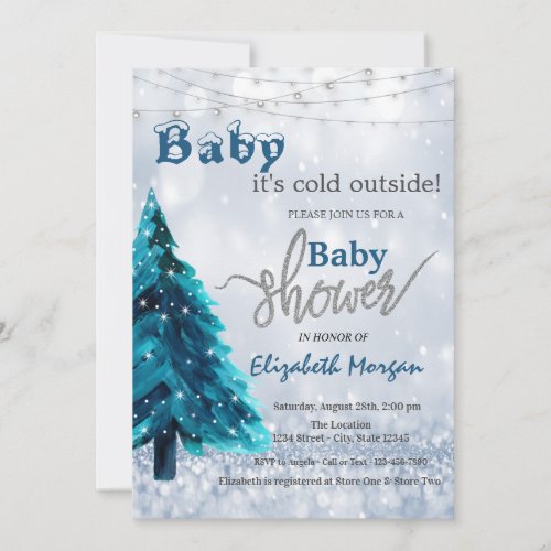 Its Cold Outside Pine Tree Bokeh Baby Shower In Invitation