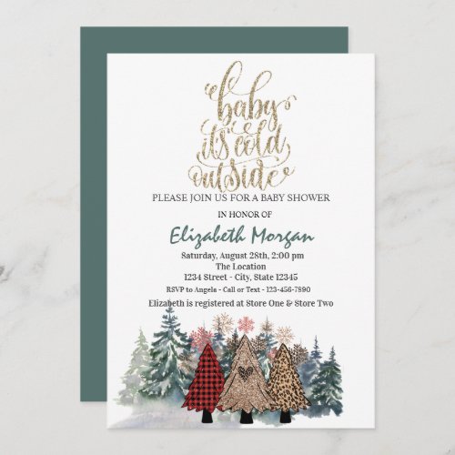 Its Cold Outside Pine Trees Baby Shower Invitation