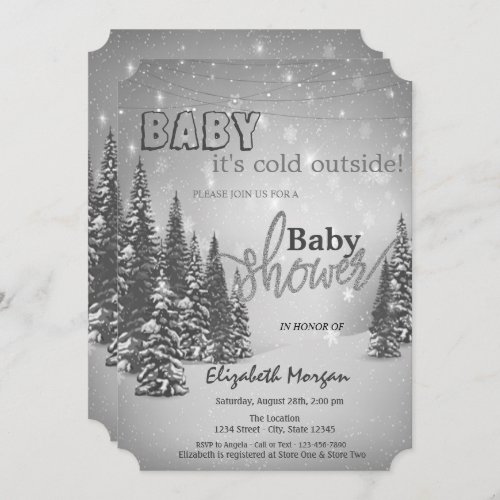 Its Cold Outside Pine Trees Baby Shower Invitation