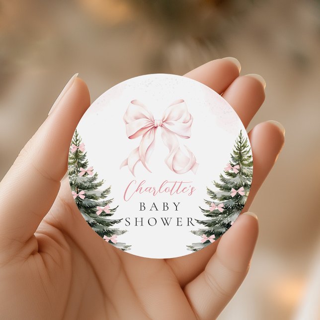 It's Cold Outside Pink Bow Baby Shower Classic Round Sticker (Creator Uploaded)