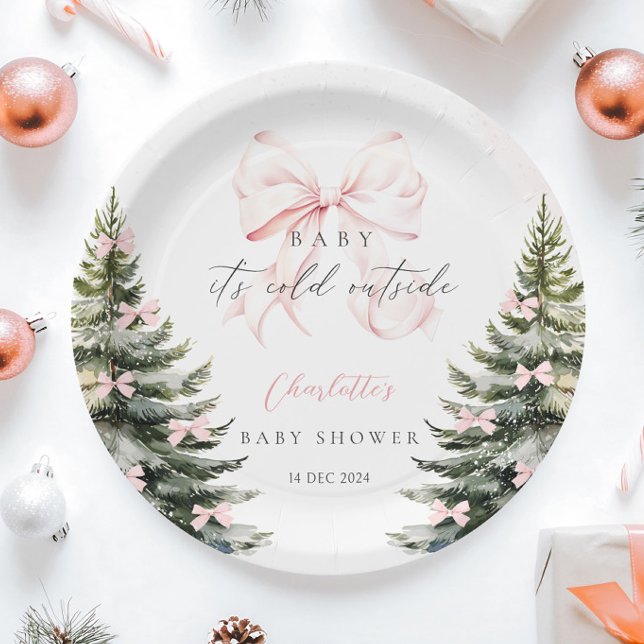 It's Cold Outside Pink Bow Baby Shower Paper Plates (Creator Uploaded)