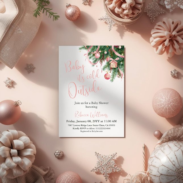 It's Cold Outside Pink Bow Winter Girl Baby Shower Invitation (Creator Uploaded)