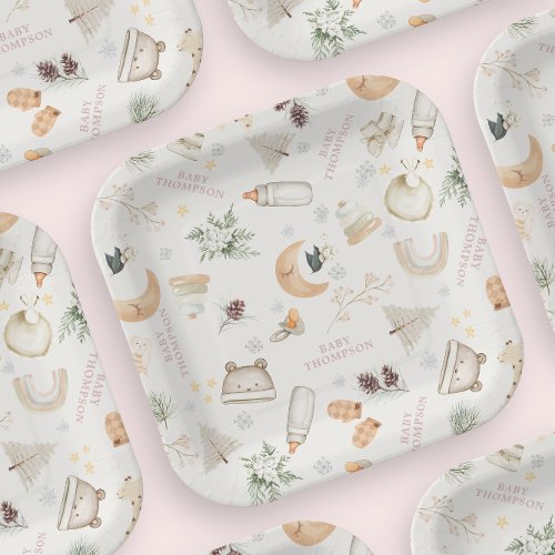Its Cold Outside Pink Girl Winter Baby Shower Paper Plates