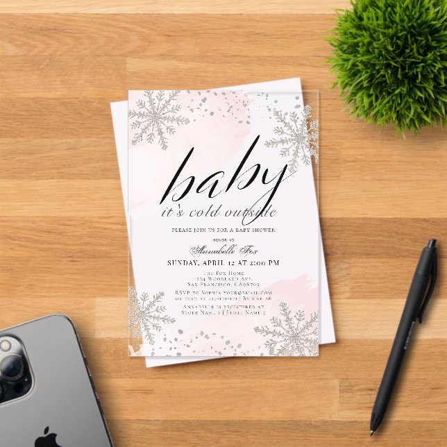 It's Cold Outside Pink Watercolor Baby Shower Acrylic Invitations (Insitu (Invitation Card))