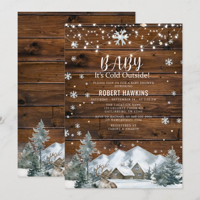 Its Cold Outside Rustic Wood Winter Baby Shower Invitation (Front/Back)