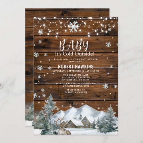 Its Cold Outside Rustic Wood Winter Baby Shower Invitation