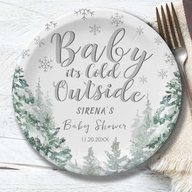 It's Cold Outside Silver Forest Winter Baby Shower Paper Plates (Creator Uploaded)
