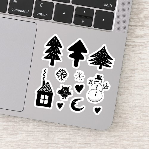 Its Cold Outside Snowman Trees Hearts BW Sticker
