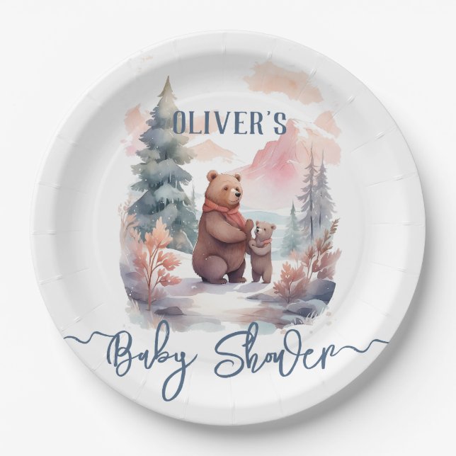 Its Cold Outside Winter Forest Bears Baby Shower Paper Plates (Front)