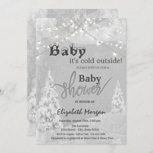 Its Cold Outside Winter Forest Gray Baby Shower Invitation