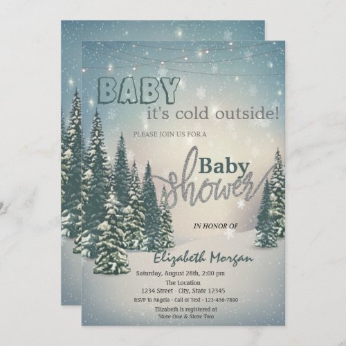 Its Cold Outside Winter Pine Trees Baby Shower Invitation