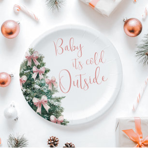 It's Cold Outside Winter Pink Bow Girl Baby Shower Paper Plates