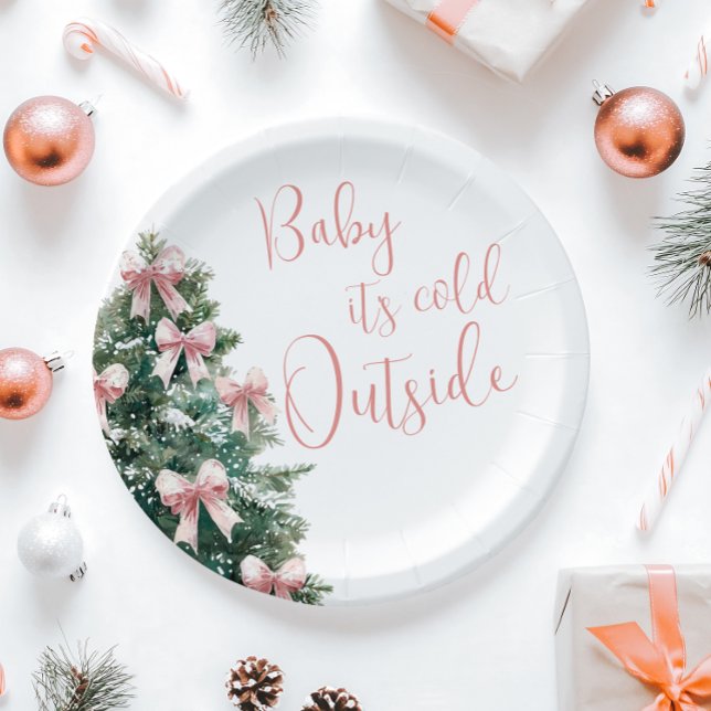 It's Cold Outside Winter Pink Bow Girl Baby Shower Paper Plates (Creator Uploaded)