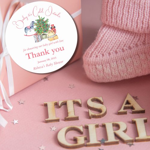 Its Cold Outside Winter Pink Girl Baby Shower Classic Round Sticker