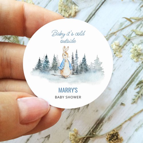 Its cold outside Winter Rabbit Baby Shower Classic Round Sticker